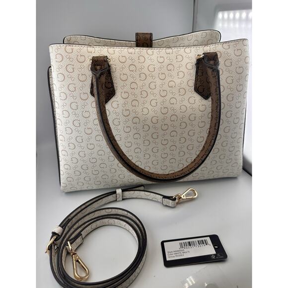New W Tags: Guess White and Brown Multi Rodez Satchel Bag - Picture 2 of 10